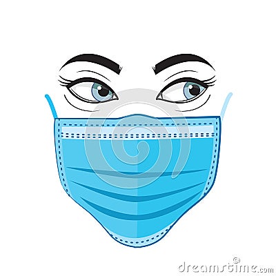 face in a protective blue mask. Eyes and mask. Vector Illustration